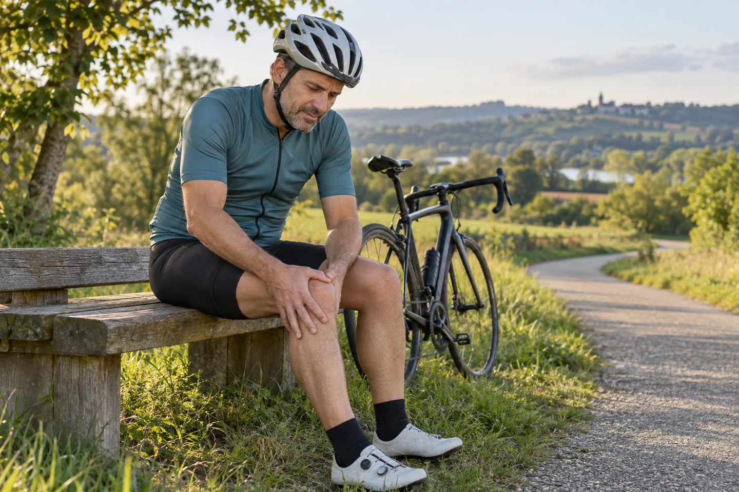 Cycliste faisant une pause sur un banc, une main posée sur le genou.