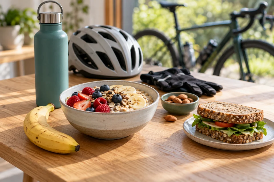 Flocons d’avoine, fruits, sandwich et eau, avec un casque de cyclisme sur une table.