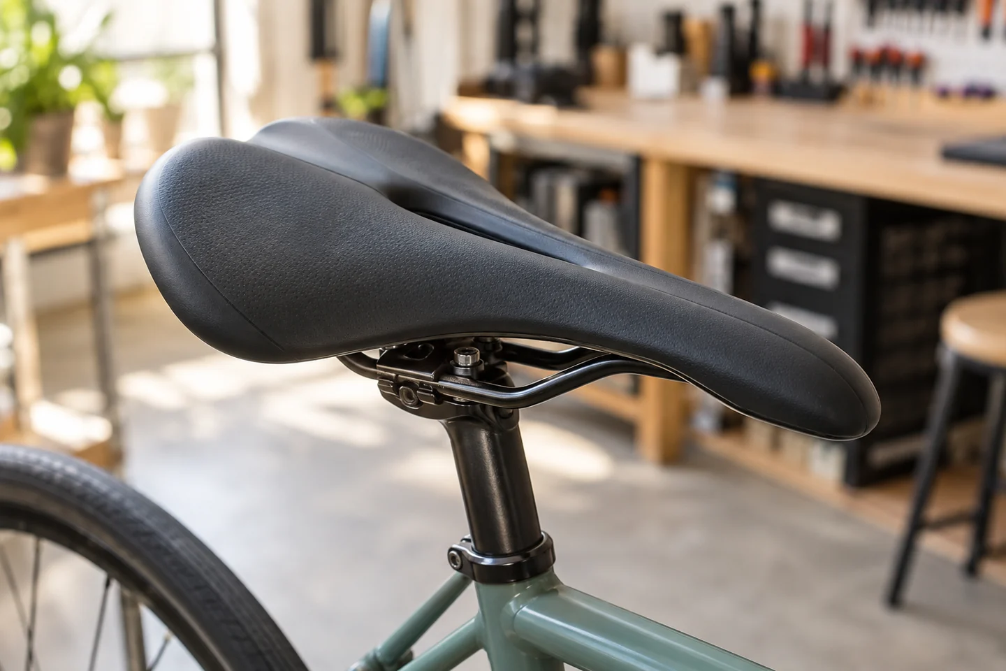 Détail d’une selle de vélo et de sa fixation, dans un atelier.