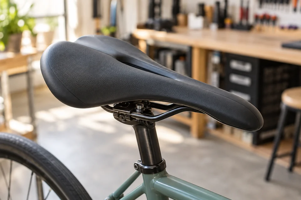Détail d’une selle de vélo et de sa fixation, dans un atelier.