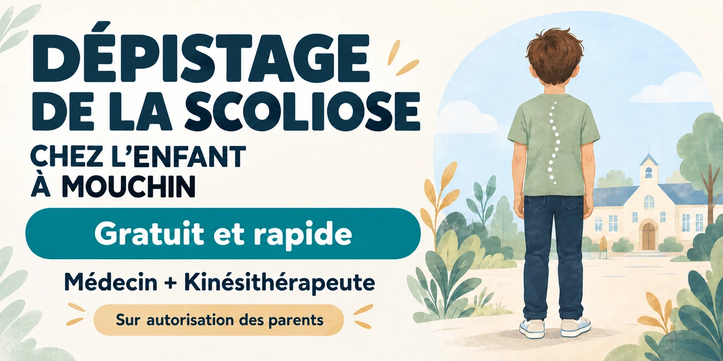 Dépistage de la scoliose chez l’enfant à Mouchin : gratuit et rapide, avec médecin et kinésithérapeute, sur autorisation des parents. Illustration d’un enfant de dos, habillé, avec une ligne symbolisant la colonne vertébrale.