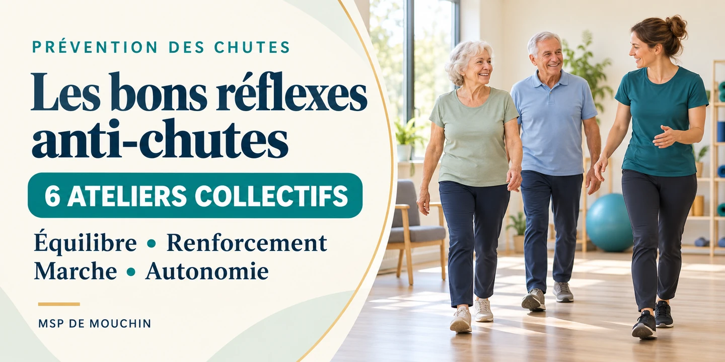 Les bons réflexes anti-chutes : 6 ateliers collectifs à la MSP de Mouchin. Équilibre, renforcement, marche et autonomie. Illustration de seniors accompagnés par une kinésithérapeute.