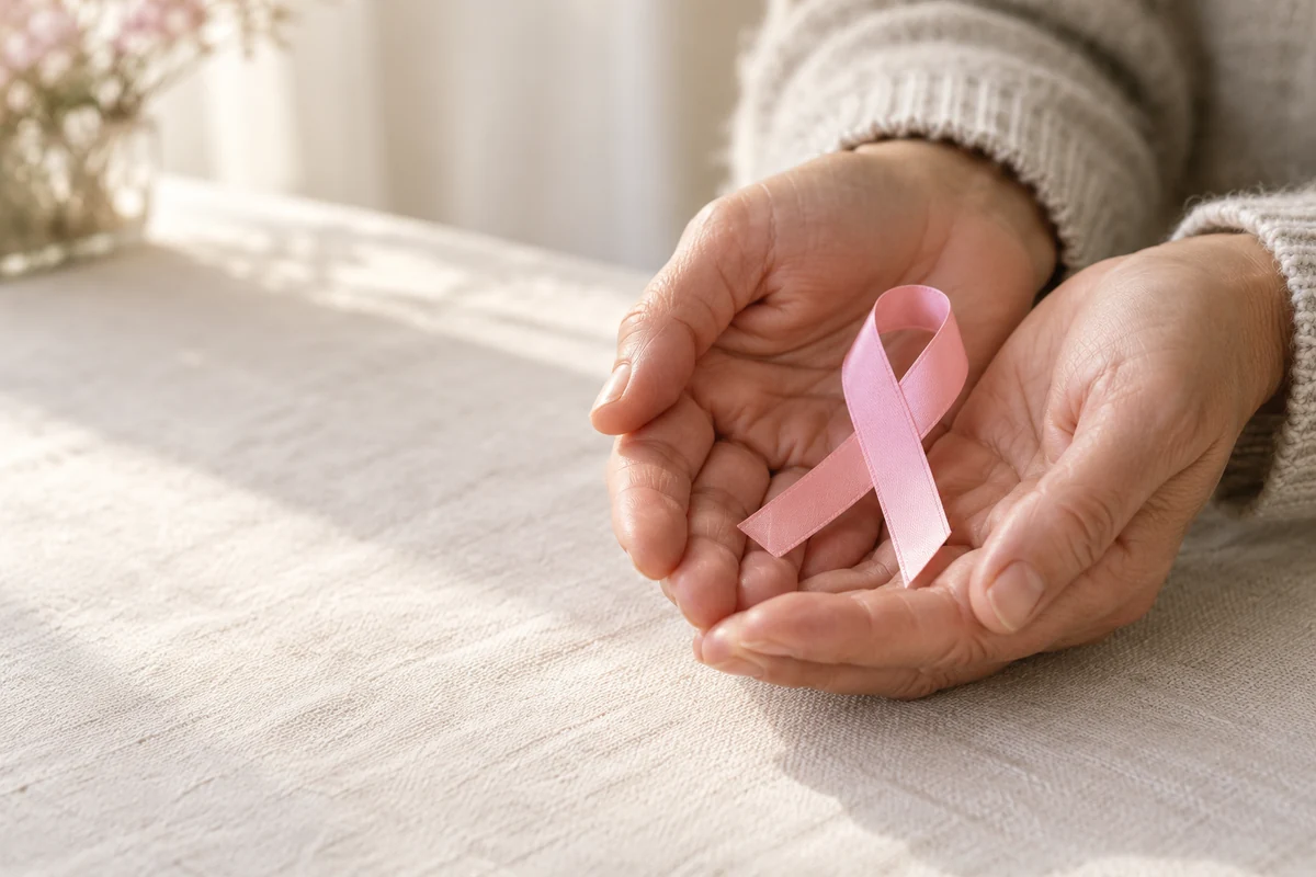 Un ruban rose dans les mains d’une femme, symbole de sensibilisation au cancer du sein.